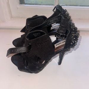 Killer blinged-out black faux snake platform heels. 9.5
